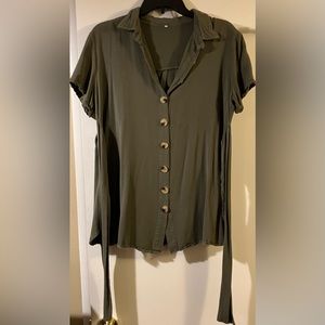 Tunic, olive green button front tie waist, women’s top